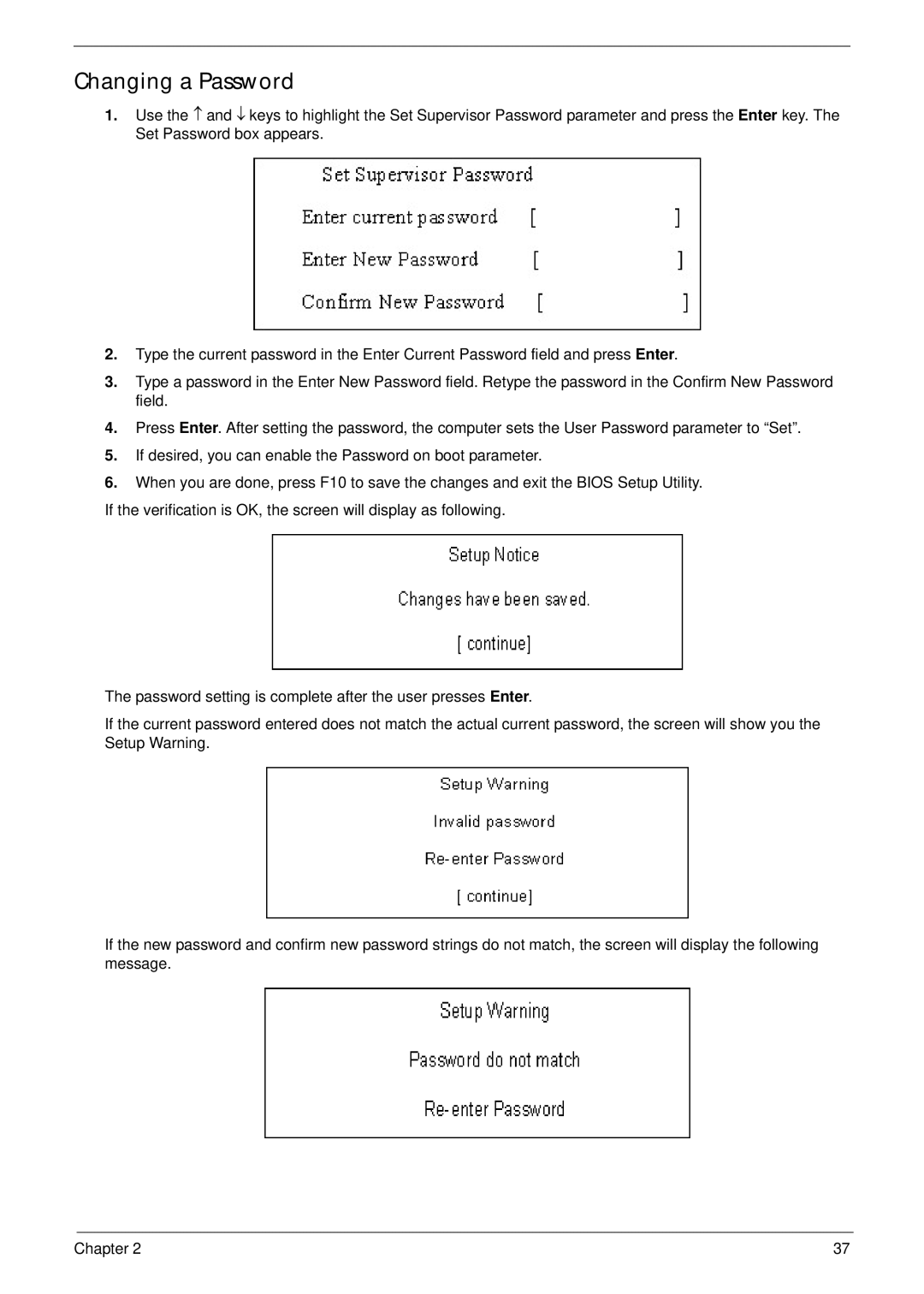 Acer 4230 manual Changing a Password 