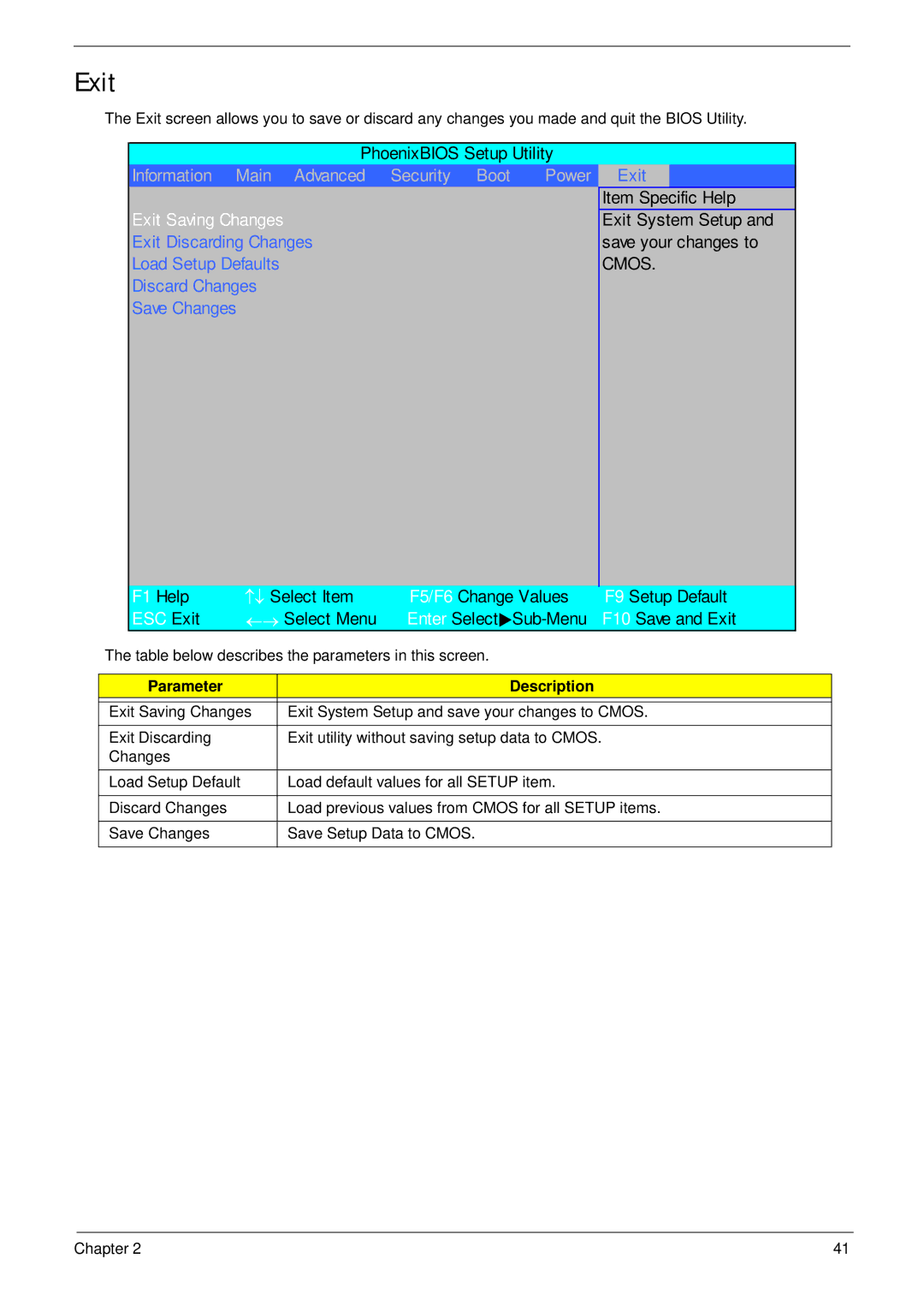 Acer 4230 manual Exit Saving Changes 