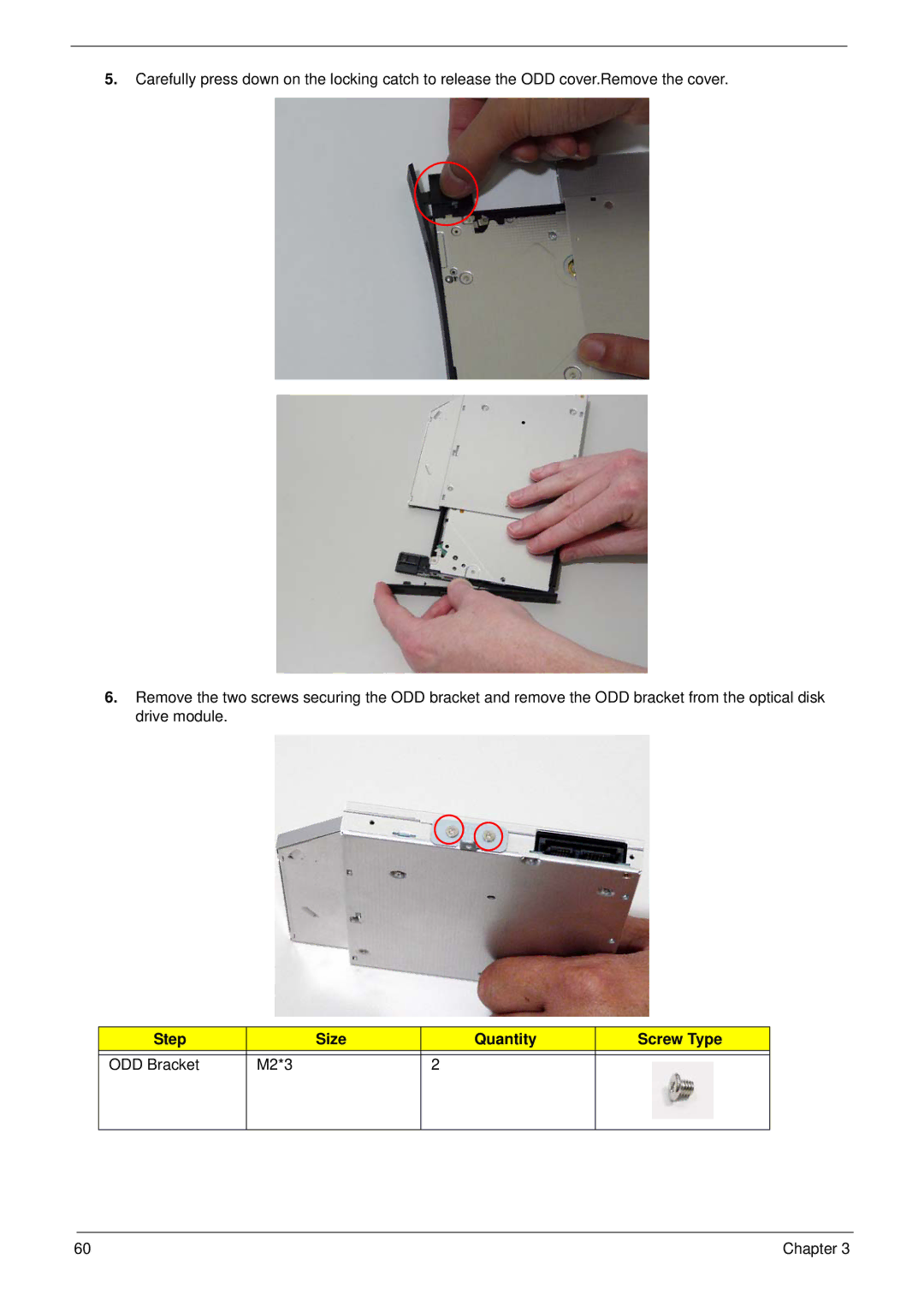 Acer 4230 manual Step Size Quantity Screw Type ODD Bracket M2*3 