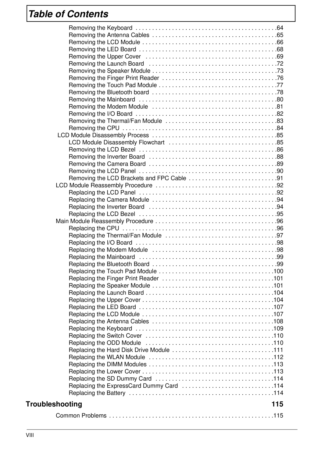 Acer 4230 manual Viii 