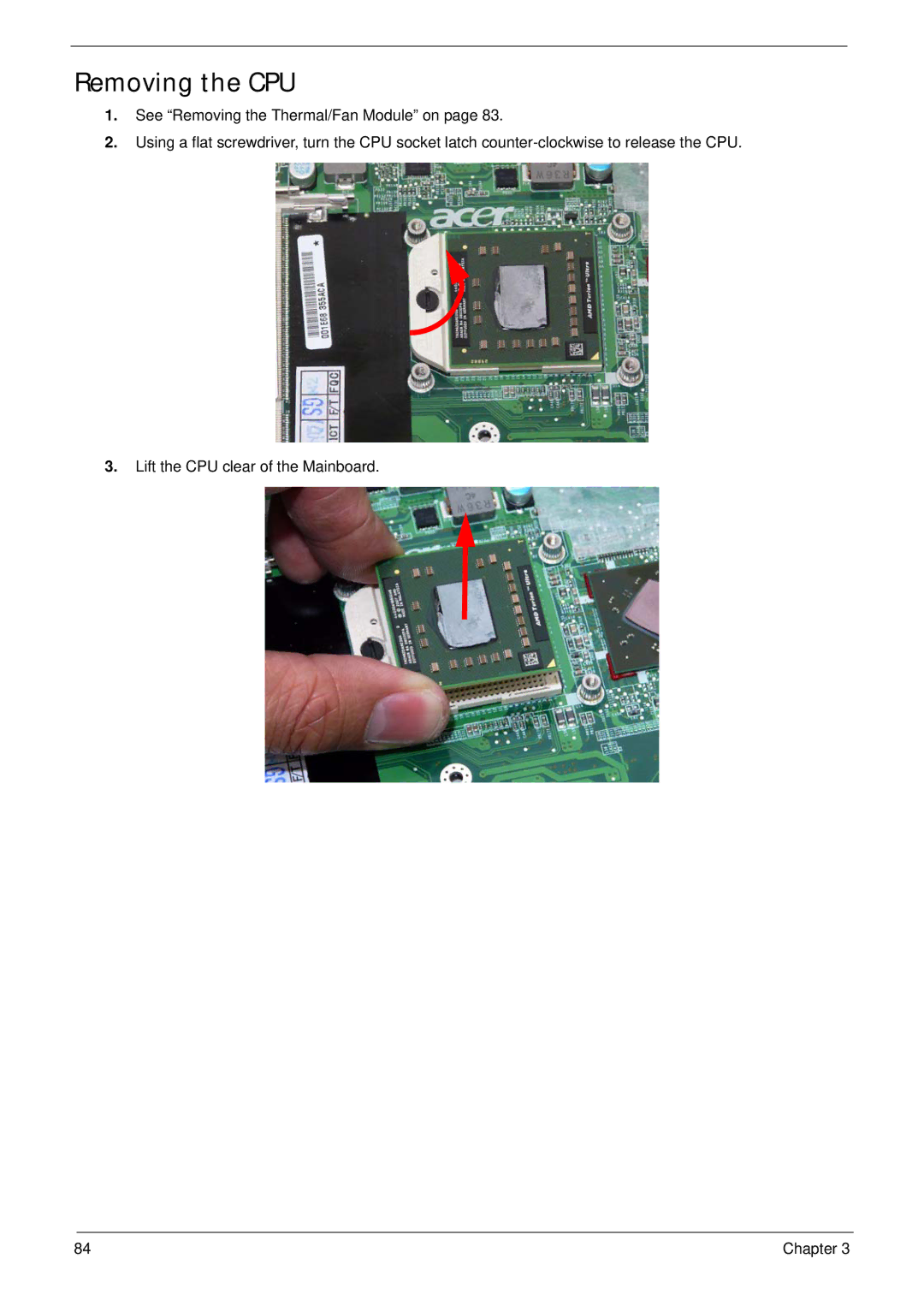 Acer 4230 manual Removing the CPU 