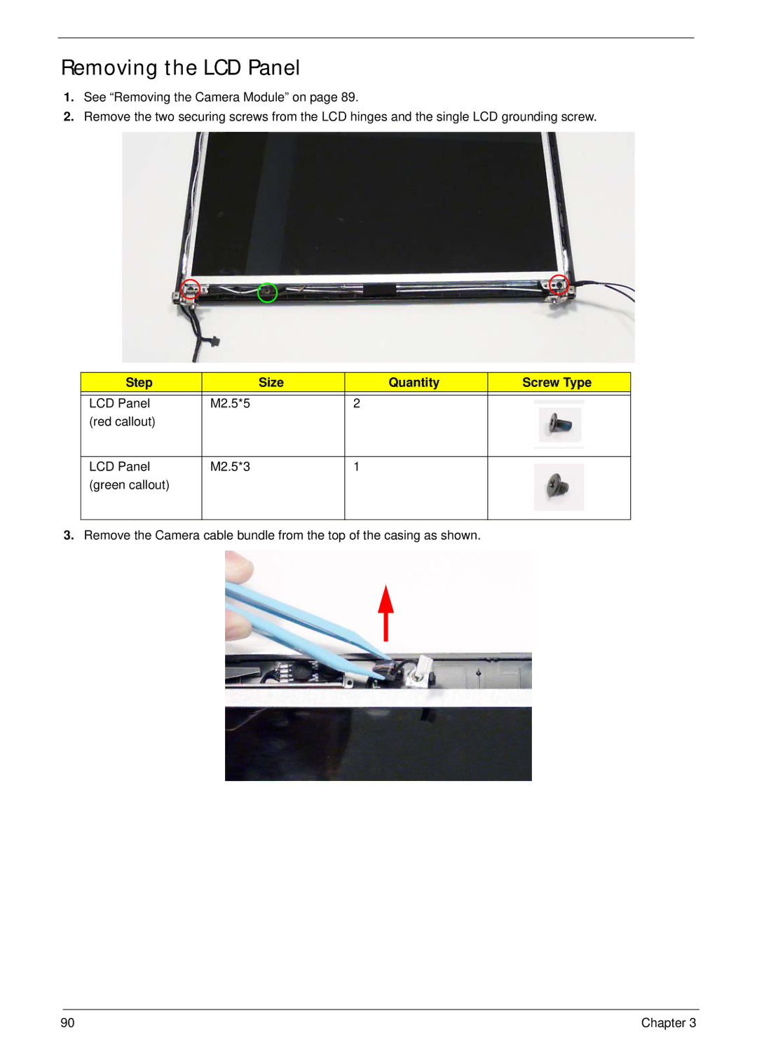 Acer 4240 manual Removing the LCD Panel, Step Size Quantity Screw Type 