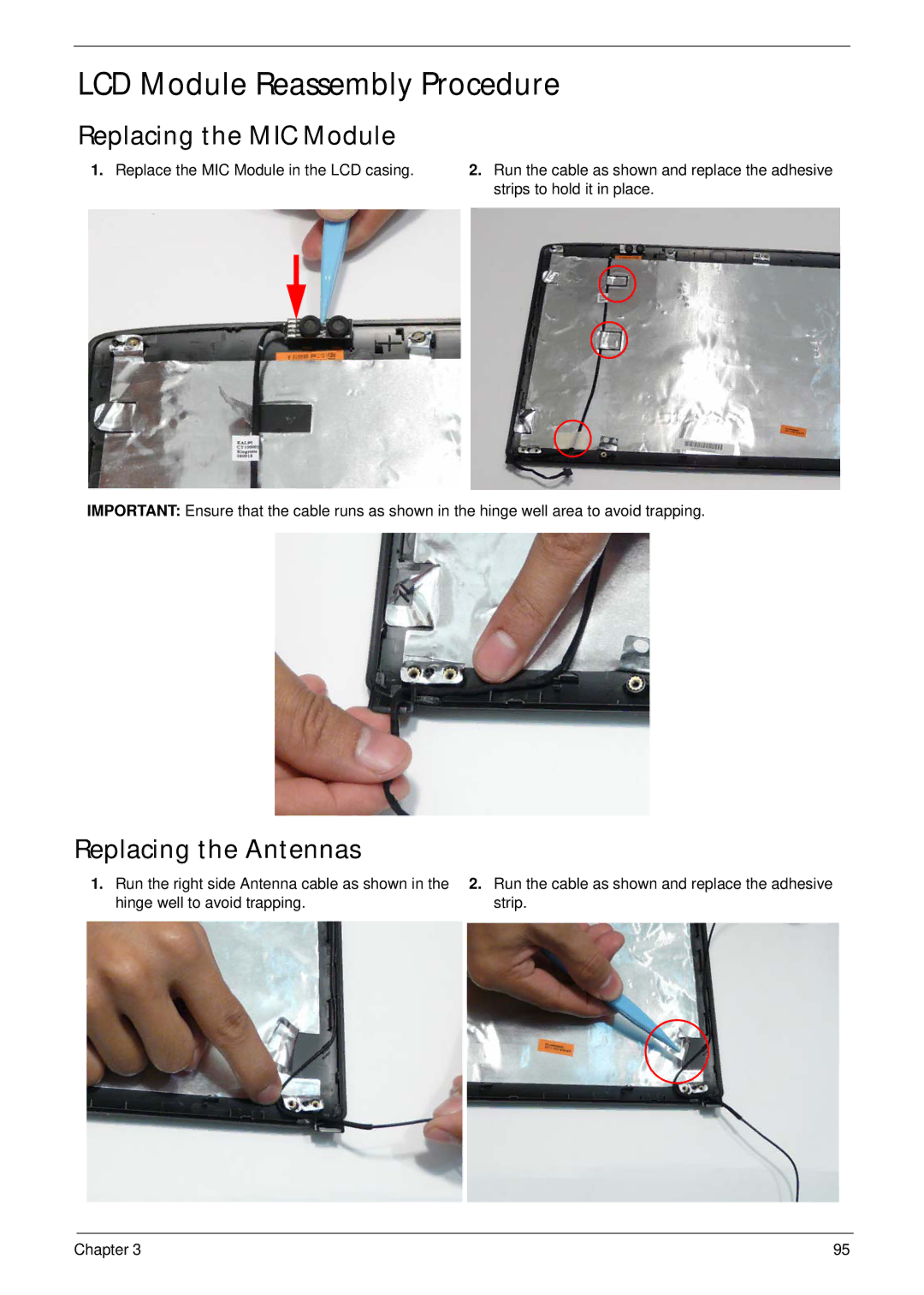 Acer 4240 manual LCD Module Reassembly Procedure, Replacing the MIC Module, Replacing the Antennas 