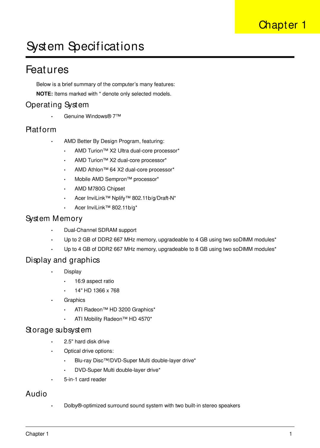 Acer 4240 manual Chapter, Features 