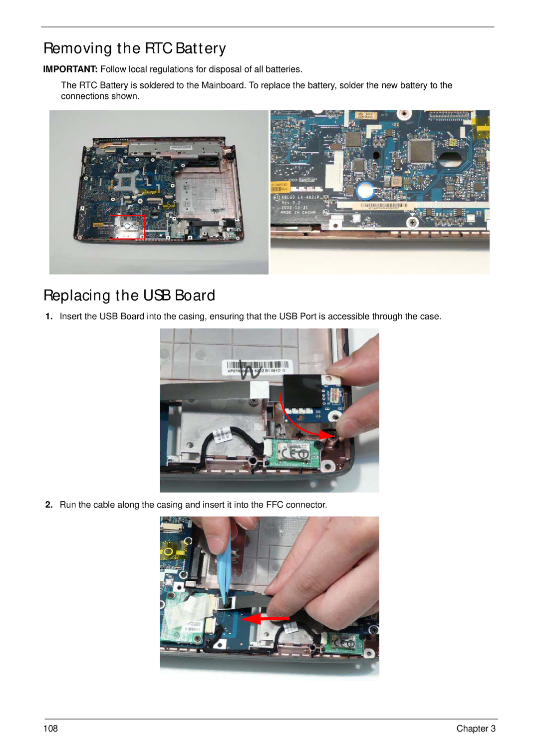 Acer 4240 manual Removing the RTC Battery, Replacing the USB Board 