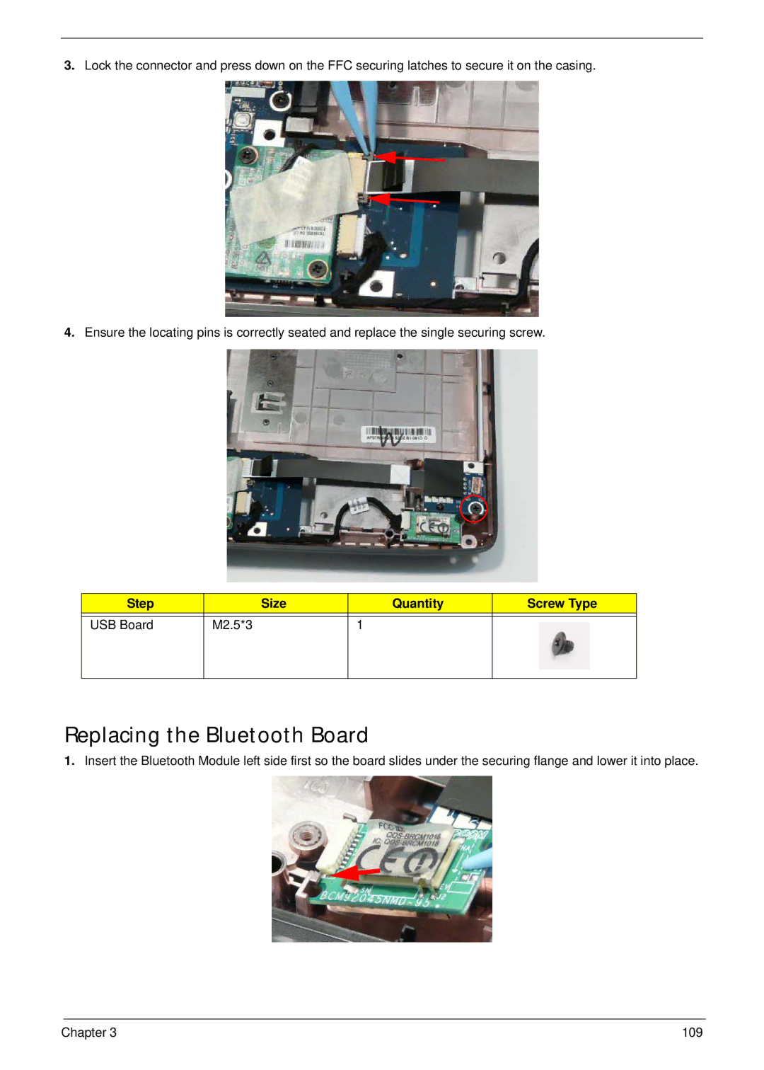 Acer 4240 manual Replacing the Bluetooth Board, Step Size Quantity Screw Type USB Board M2.5*3 