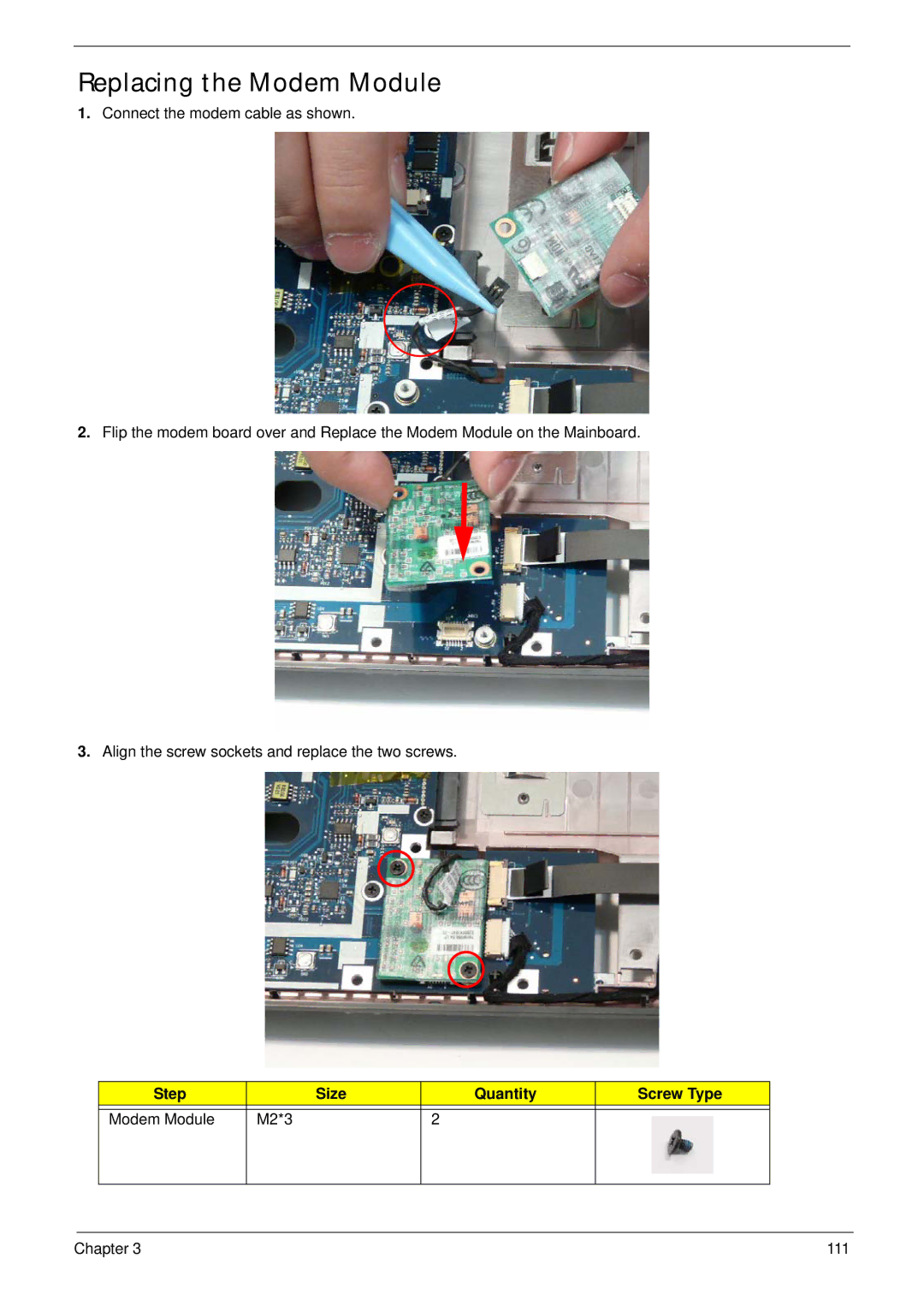 Acer 4240 manual Replacing the Modem Module, Step Size Quantity Screw Type Modem Module M2*3 