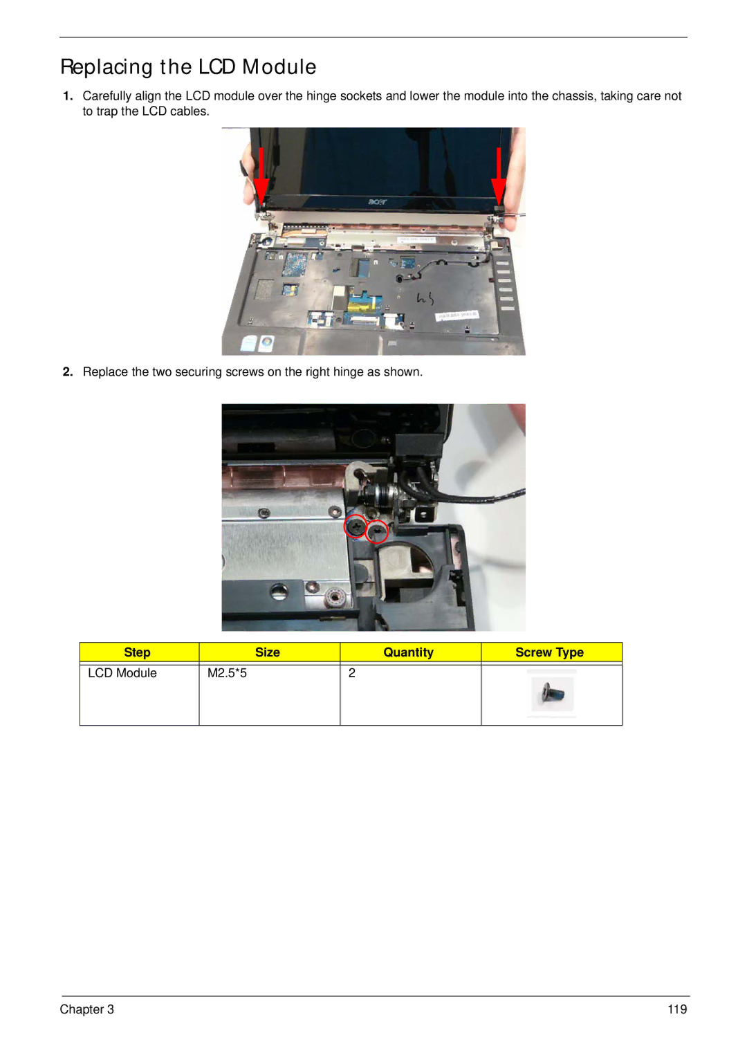 Acer 4240 manual Replacing the LCD Module, Step Size Quantity Screw Type LCD Module M2.5*5 