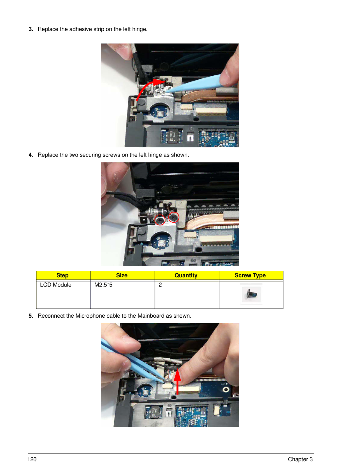 Acer 4240 manual Reconnect the Microphone cable to the Mainboard as shown 