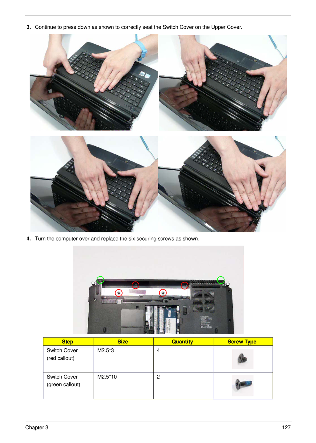 Acer 4240 manual Step Size Quantity Screw Type 