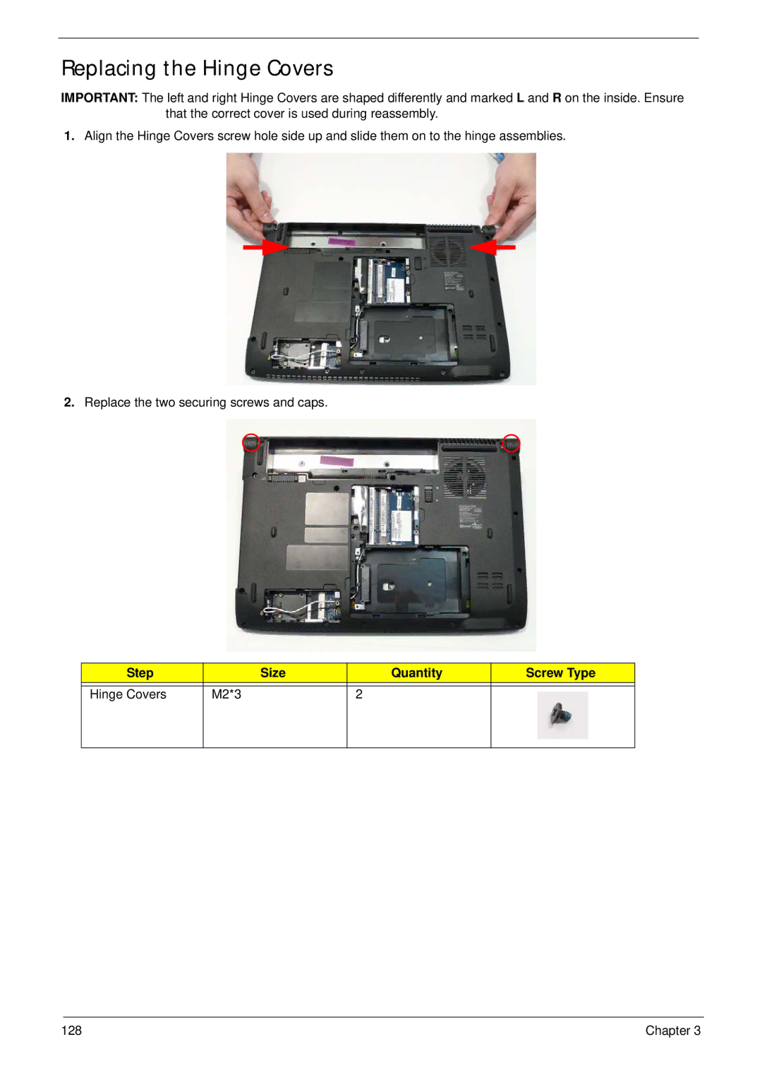 Acer 4240 manual Replacing the Hinge Covers, Step Size Quantity Screw Type Hinge Covers M2*3 