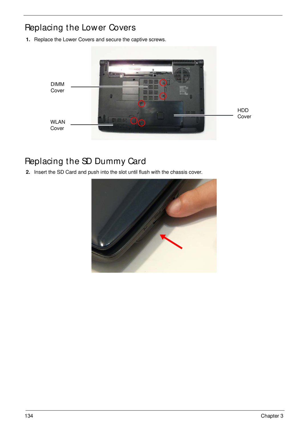 Acer 4240 manual Replacing the Lower Covers, Replacing the SD Dummy Card 