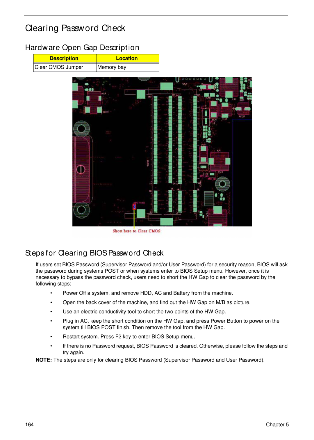 Acer 4240 manual Clearing Password Check, Hardware Open Gap Description, Steps for Clearing Bios Password Check 