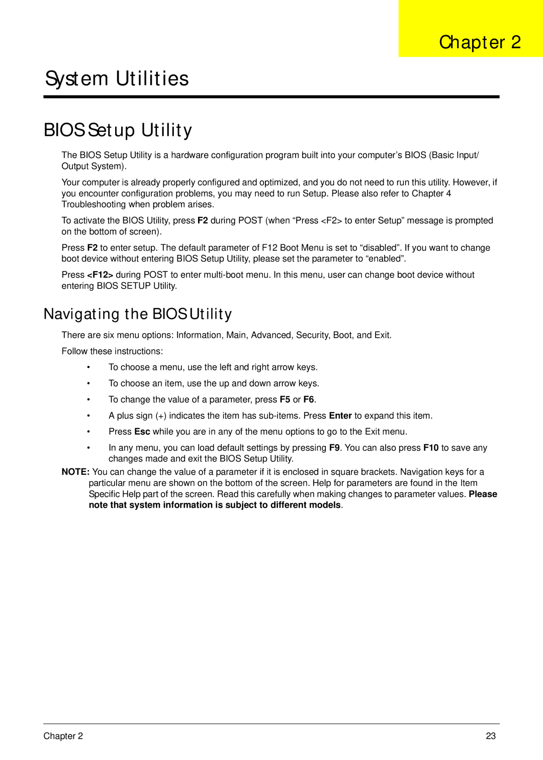 Acer 4240 manual Bios Setup Utility, Navigating the Bios Utility 