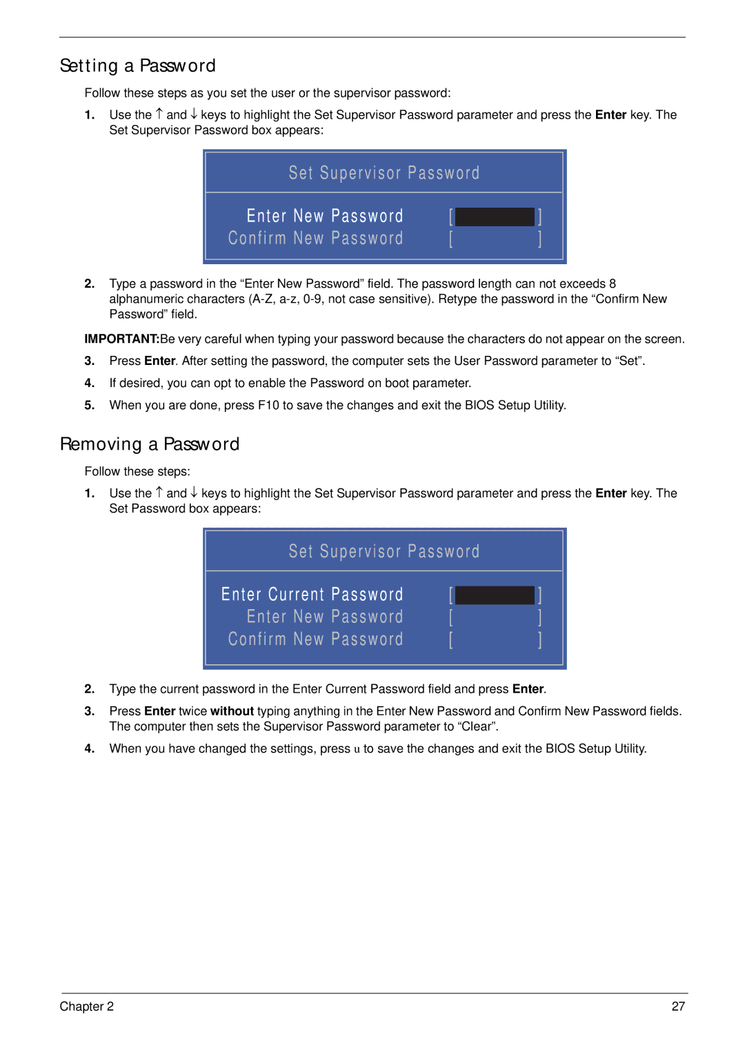 Acer 4240 manual Setting a Password, Removing a Password 