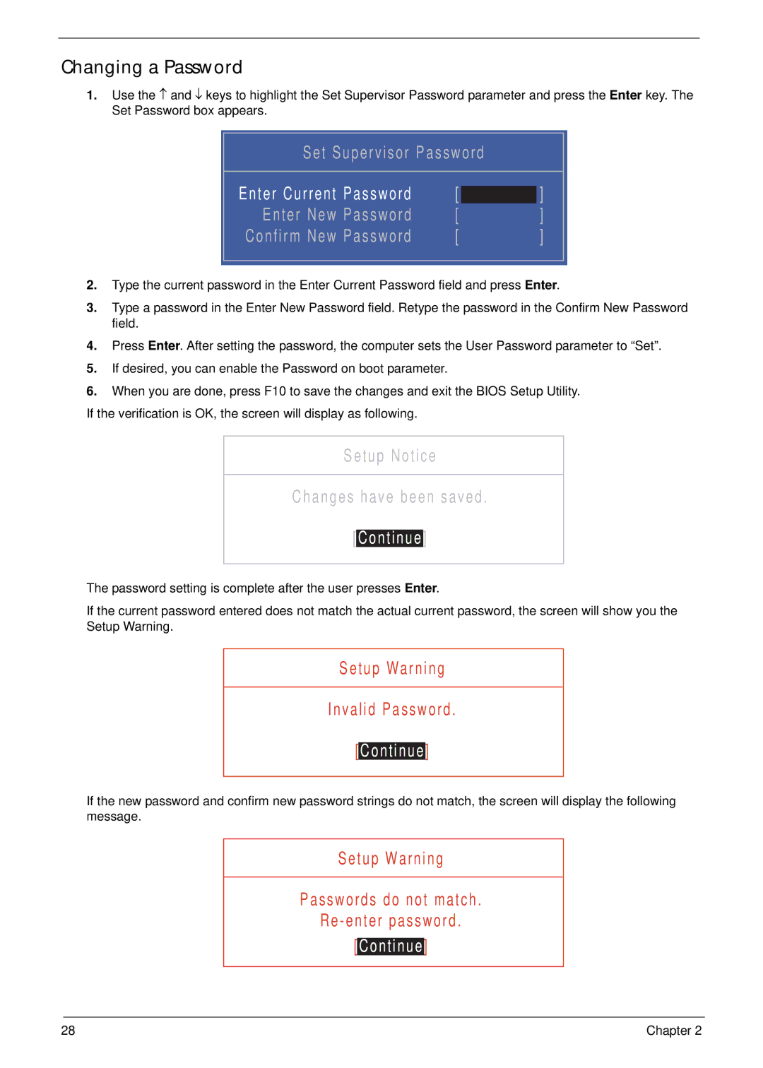 Acer 4240 manual Changing a Password, Enter New Password 