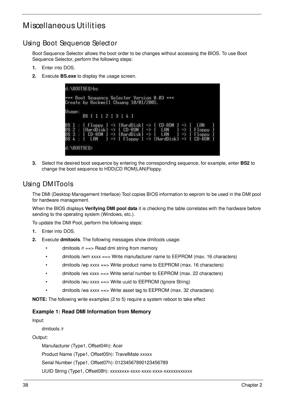 Acer 4240 manual Miscellaneous Utilities, Using Boot Sequence Selector, Using DMITools 