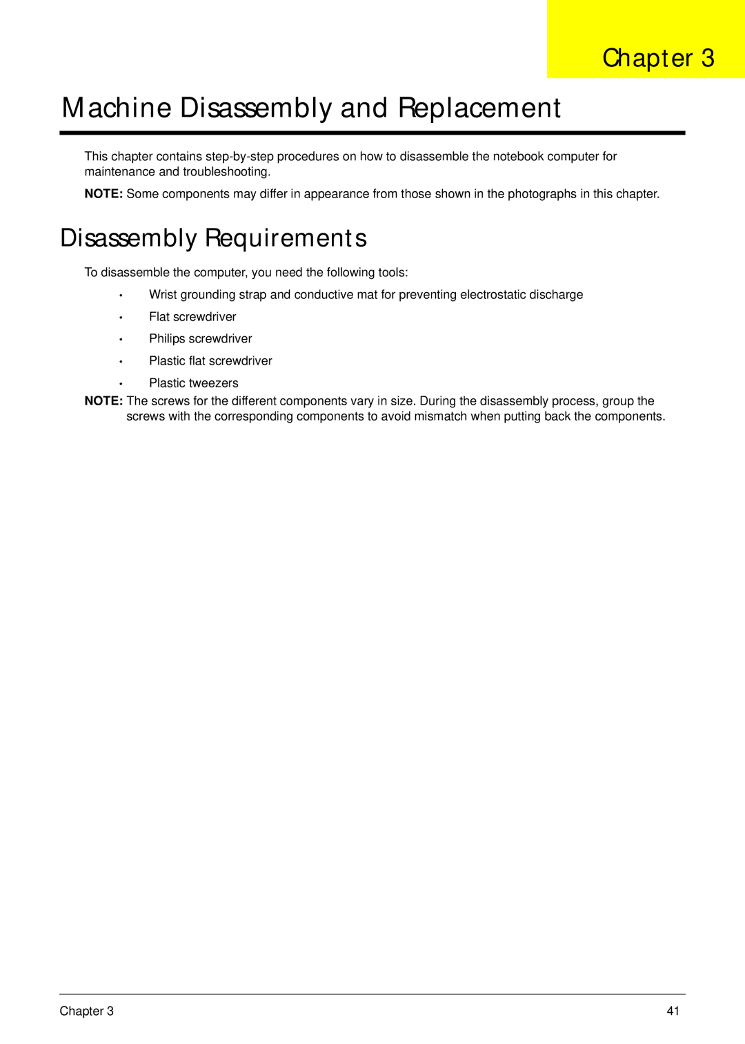 Acer 4240 manual Machine Disassembly and Replacement, Disassembly Requirements 