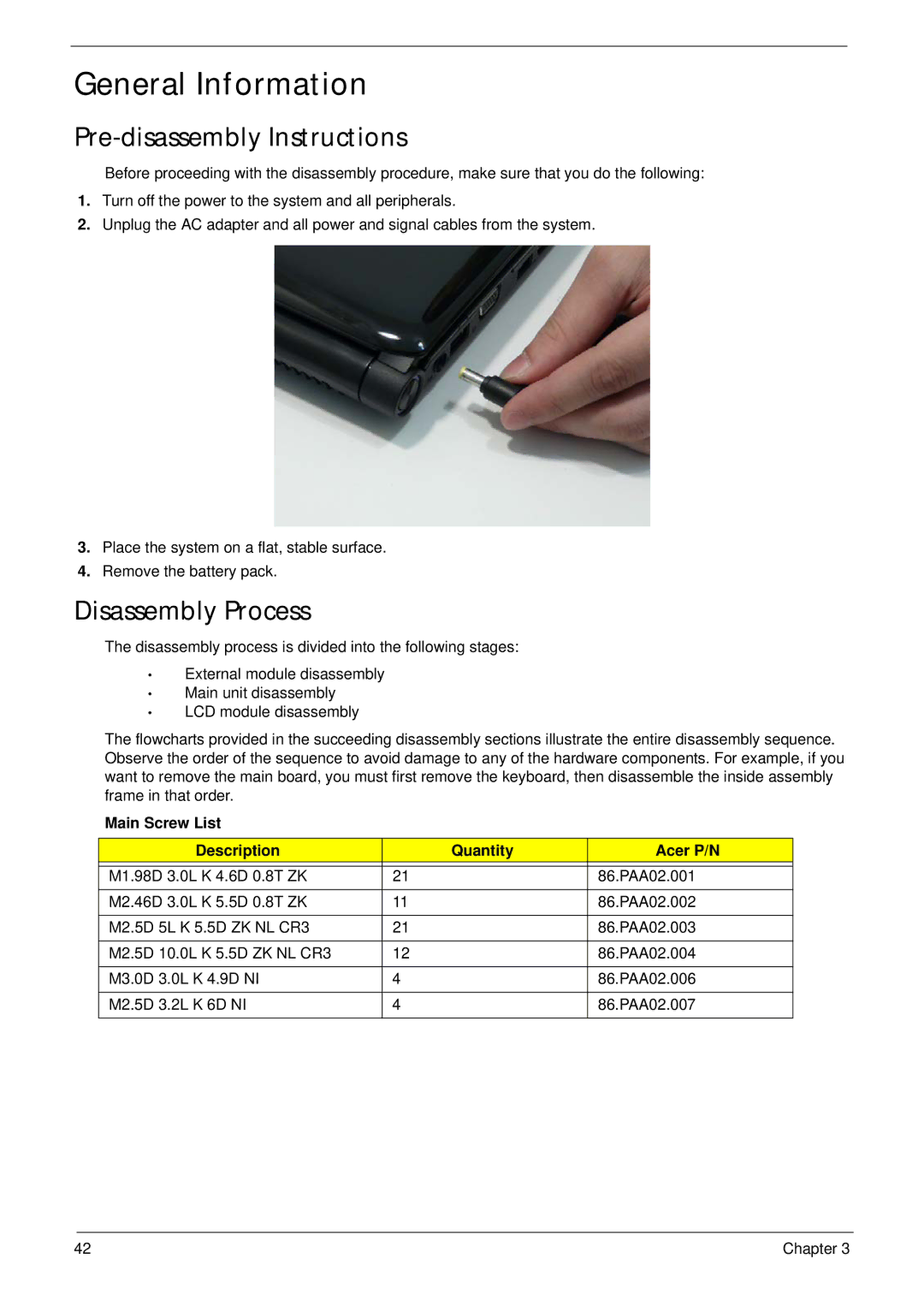 Acer 4240 manual General Information, Pre-disassembly Instructions, Disassembly Process, 6D NI 