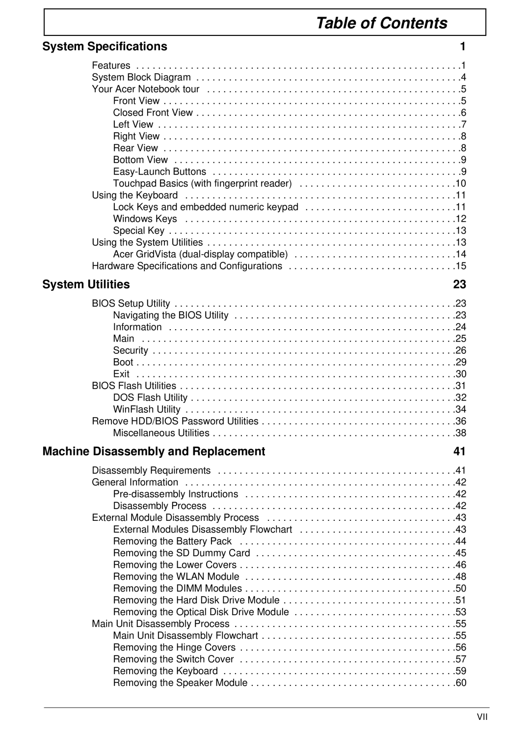 Acer 4240 manual Table of Contents 