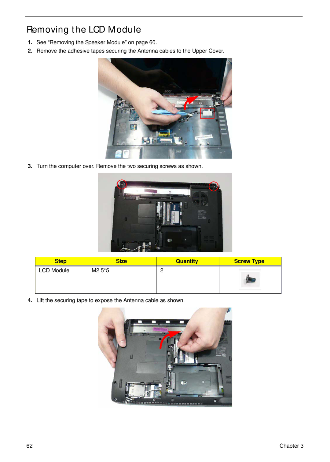 Acer 4240 manual Removing the LCD Module, Step Size Quantity Screw Type LCD Module M2.5*5 