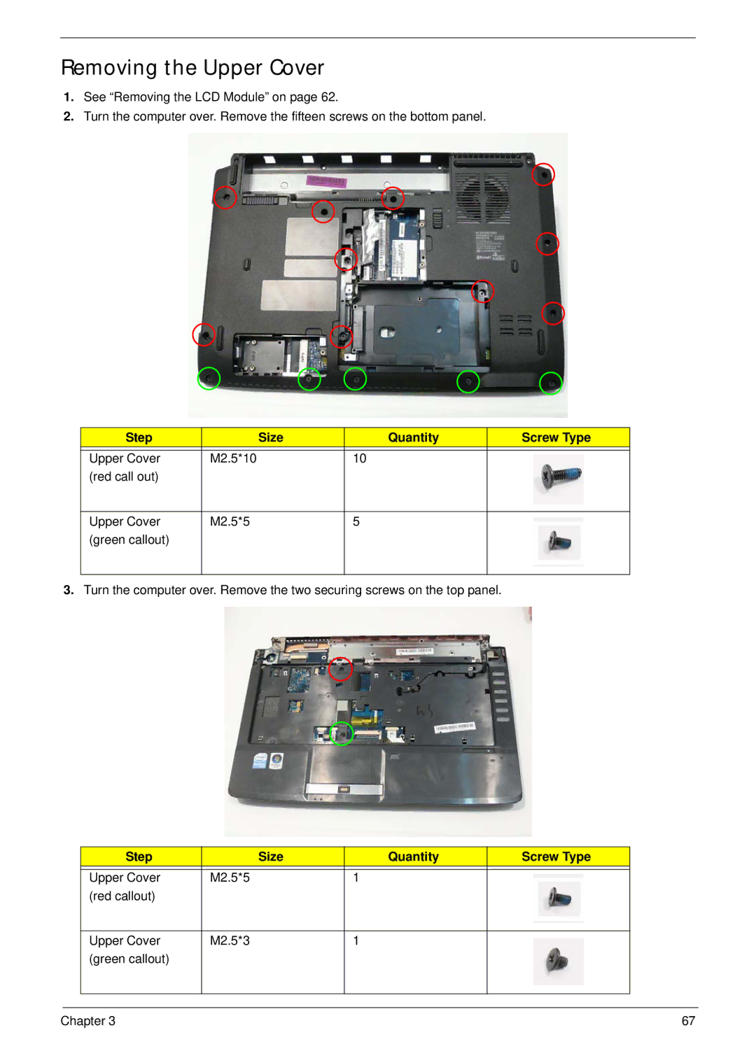 Acer 4240 manual Removing the Upper Cover, Step Size Quantity Screw Type 