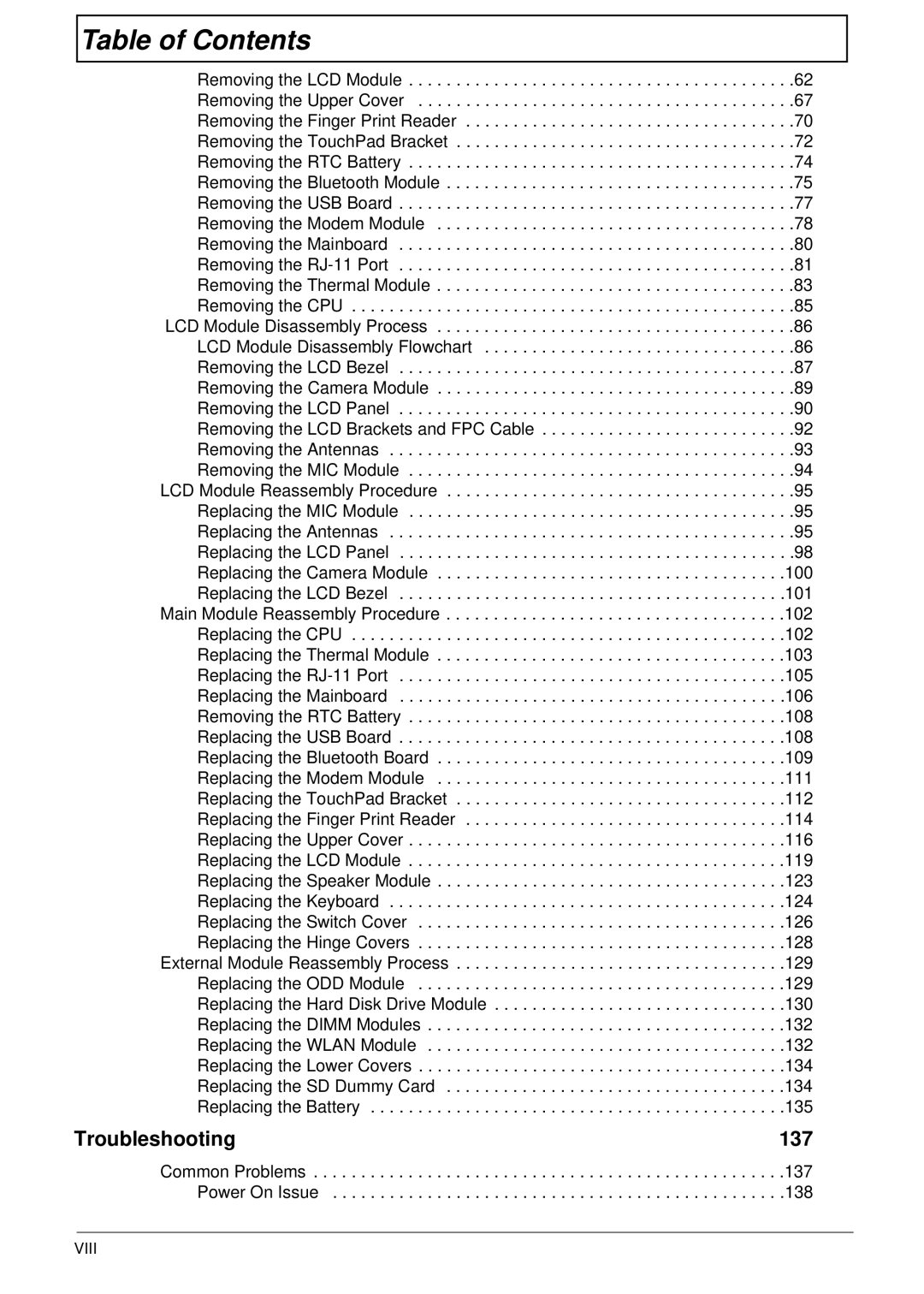 Acer 4240 manual Troubleshooting 137, Viii 