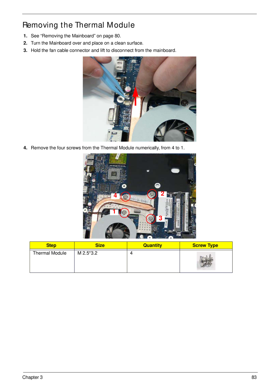 Acer 4240 manual Removing the Thermal Module, Step Size Quantity Screw Type Thermal Module 5*3.2 