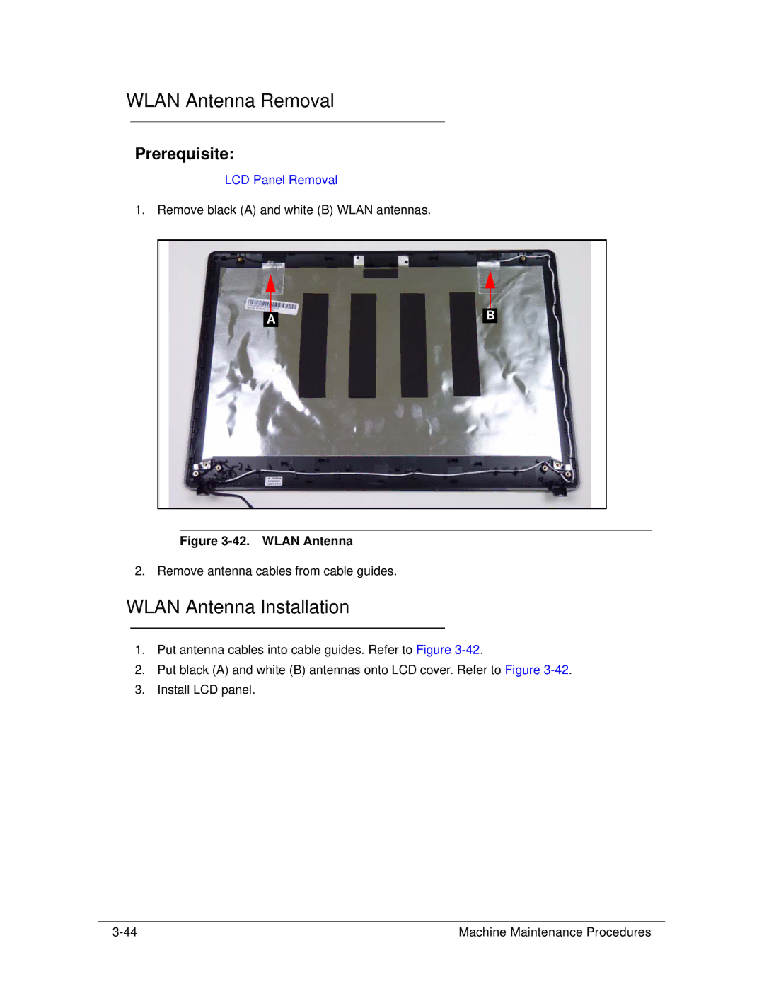 Acer 4253G manual Wlan Antenna Removal, Wlan Antenna Installation 