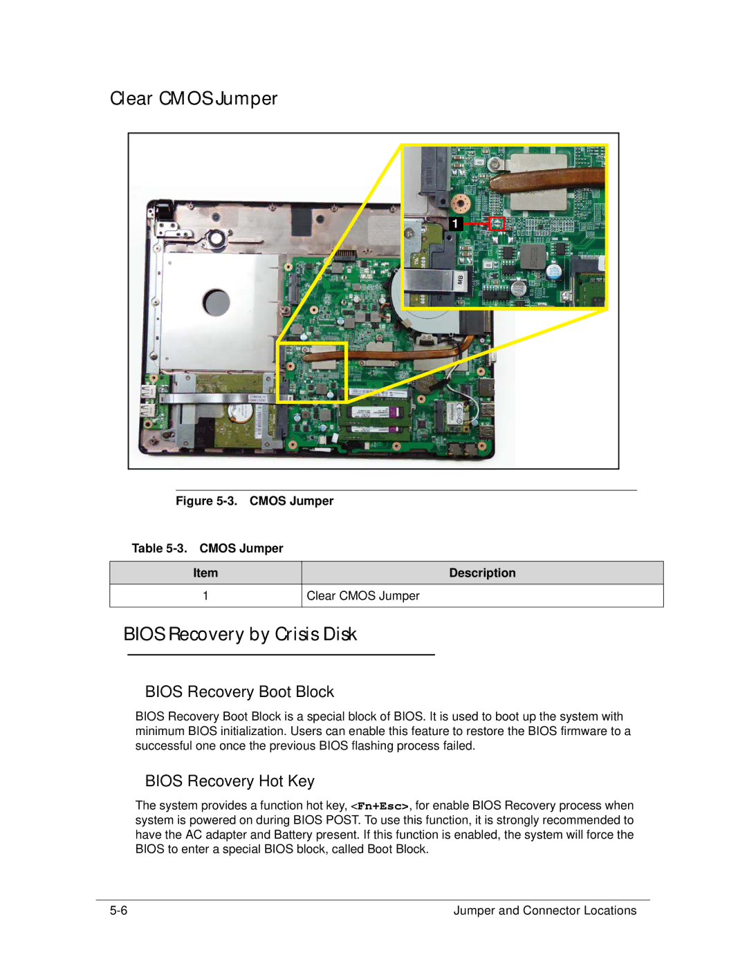 Acer 4253G manual Clear Cmos Jumper, Bios Recovery by Crisis Disk 