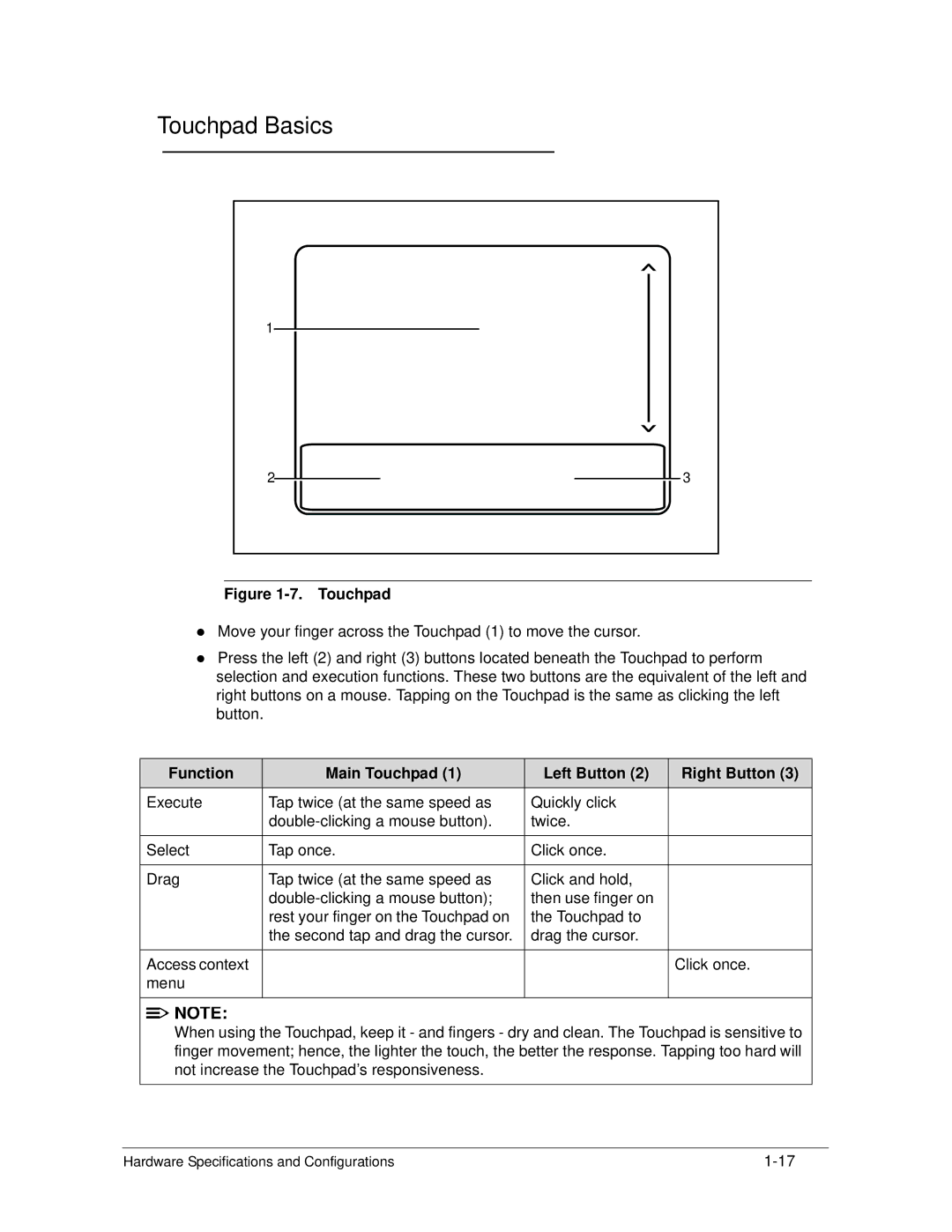 Acer 4253G manual Touchpad Basics, Function Main Touchpad Left Button Right Button 