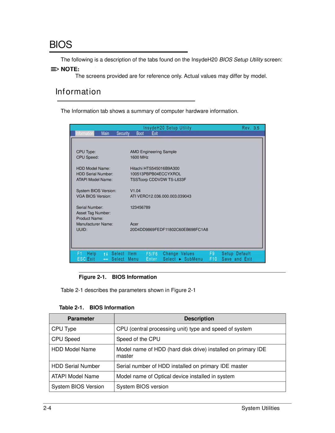 Acer 4253G manual Bios Information Parameter Description 