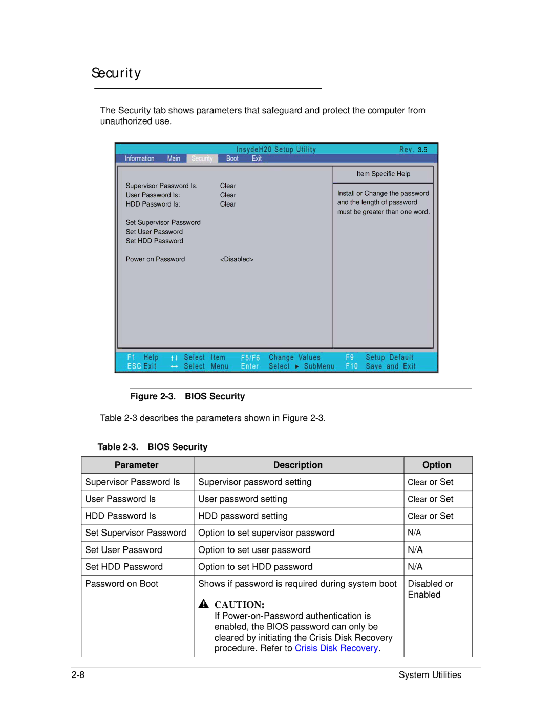 Acer 4253G manual Bios Security Parameter Description Option 