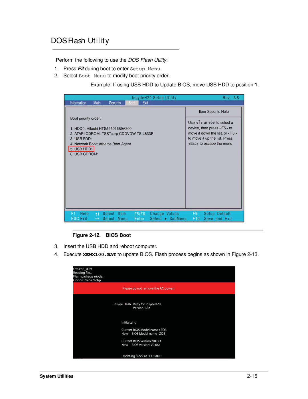 Acer 4253G manual DOS Flash Utility, Bios Boot 