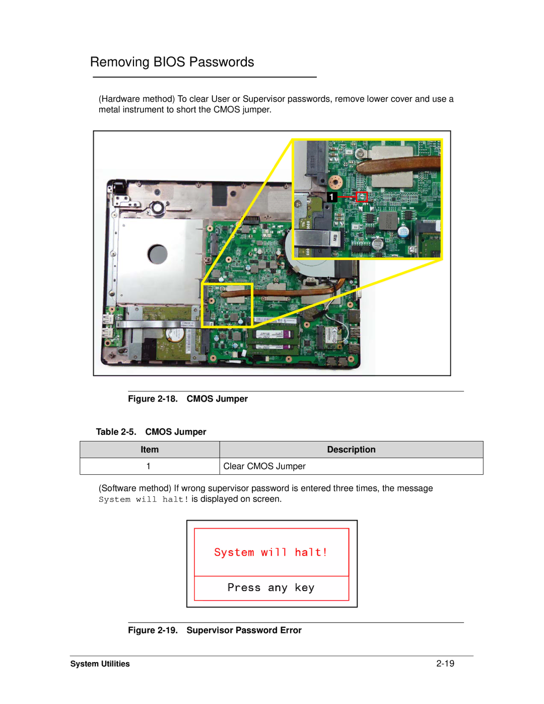 Acer 4253G manual Removing Bios Passwords, Cmos Jumper Description Clear Cmos Jumper 