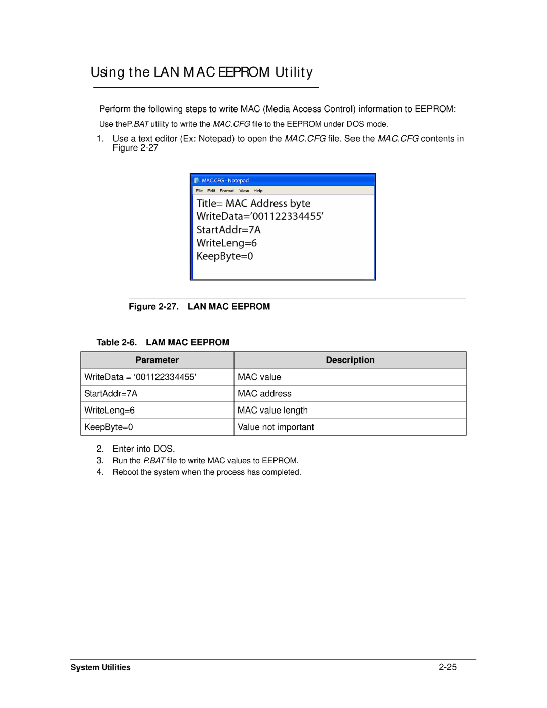 Acer 4253G manual Using the LAN MAC Eeprom Utility, LAN MAC Eeprom LAM MAC Eeprom Parameter Description 