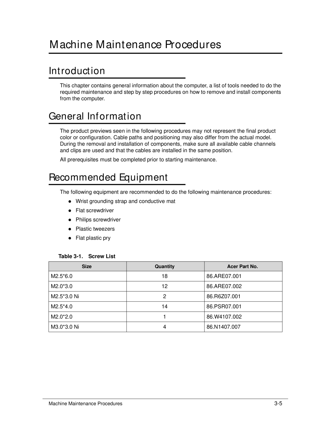 Acer 4253G manual Introduction, Recommended Equipment, Screw List 