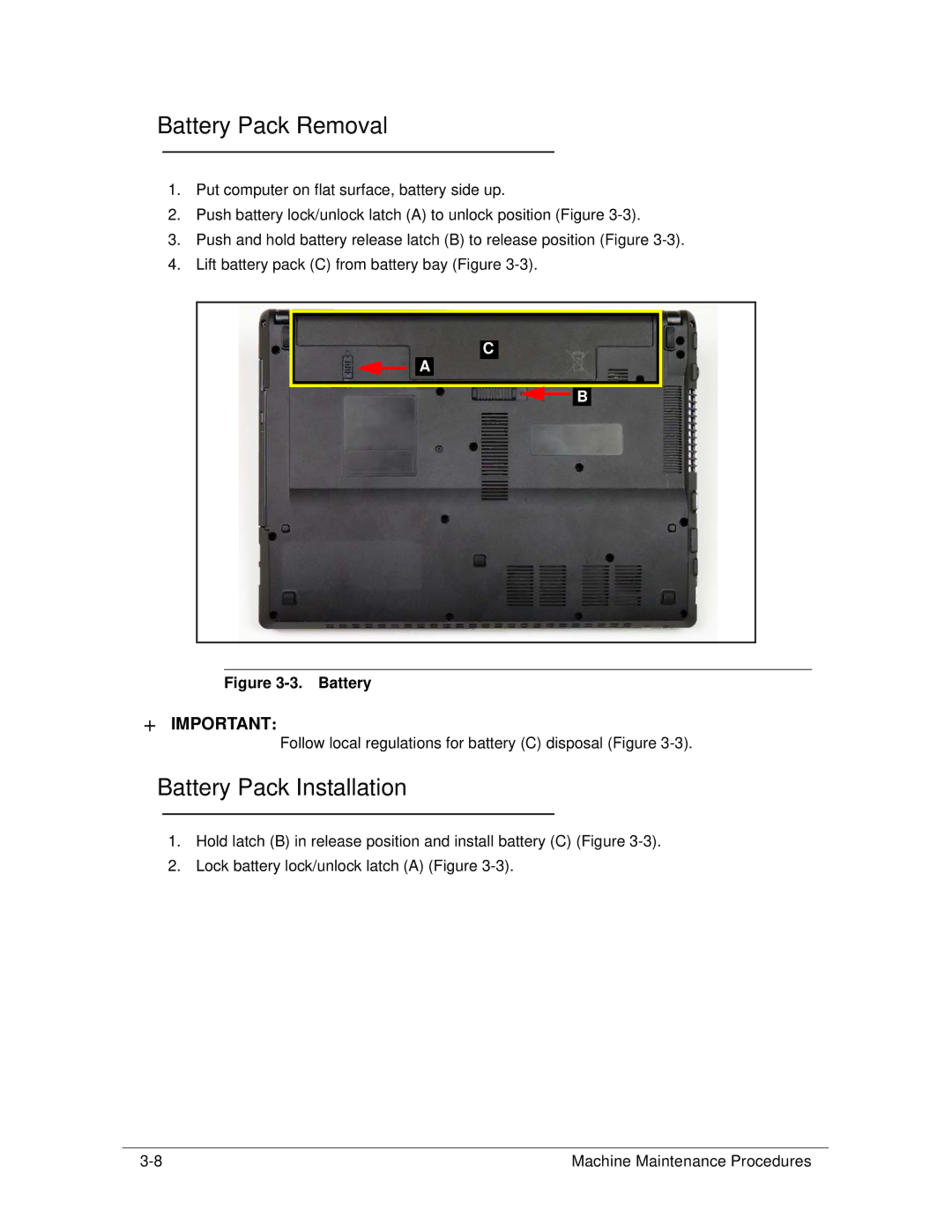 Acer 4253G manual Battery Pack Removal, Battery Pack Installation 