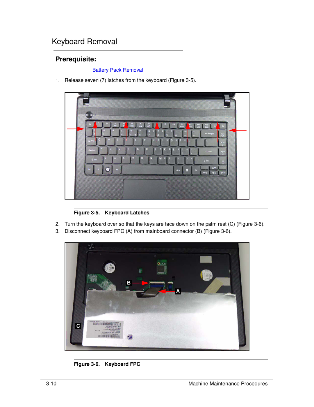 Acer 4253G manual Keyboard Removal, Keyboard Latches 