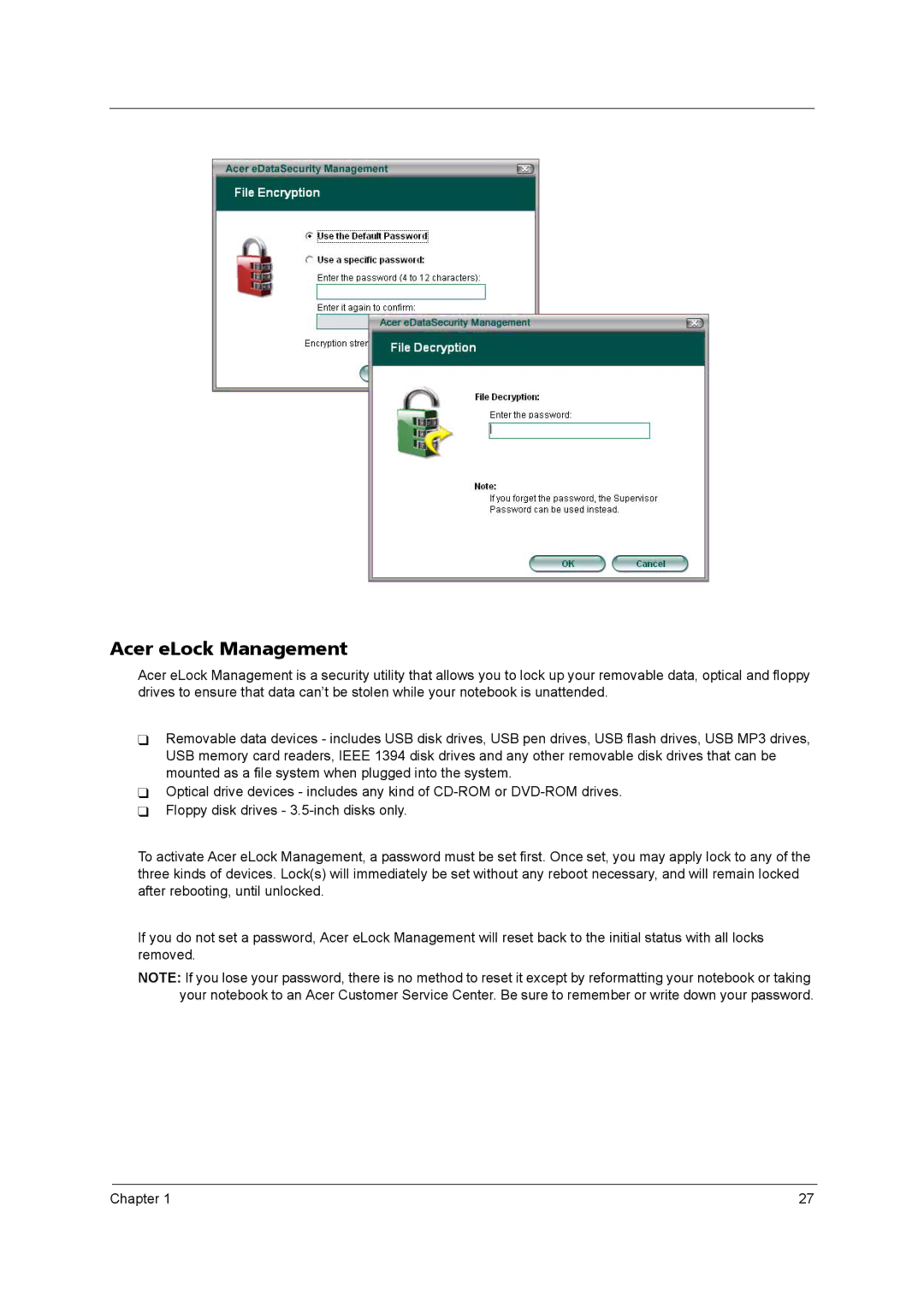 Acer 4260 manual Acer eLock Management 