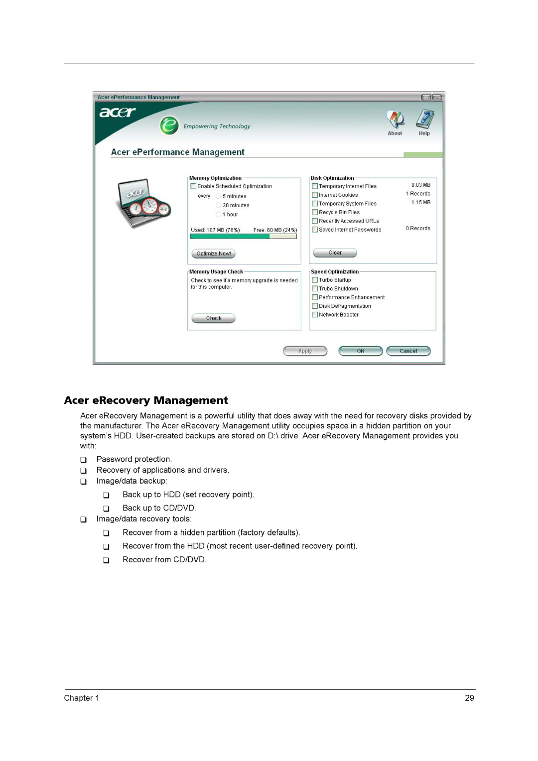 Acer 4260 manual Acer eRecovery Management 