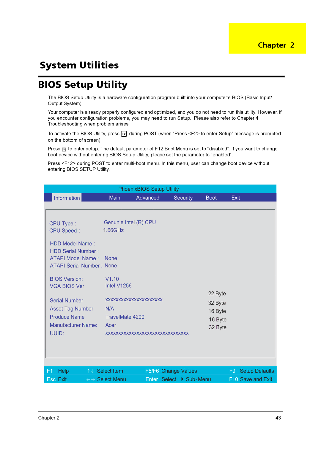 Acer 4260 manual System Utilities Bios Setup Utility, Security Boot Exit 