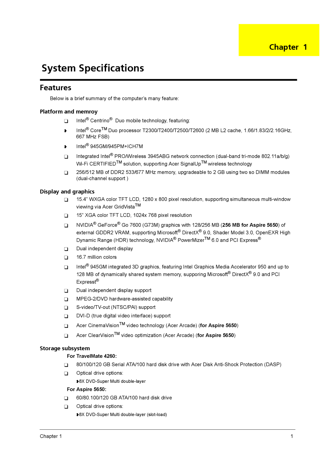 Acer 4260 manual System Specifications, Chapter, Features, For TravelMate, For Aspire 