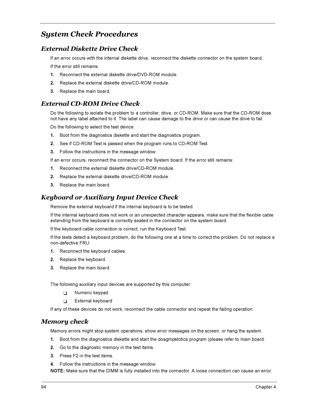 Acer 4670, 4270, 5670 System Check Procedures, External Diskette Drive Check, External CD-ROM Drive Check, Memory check 