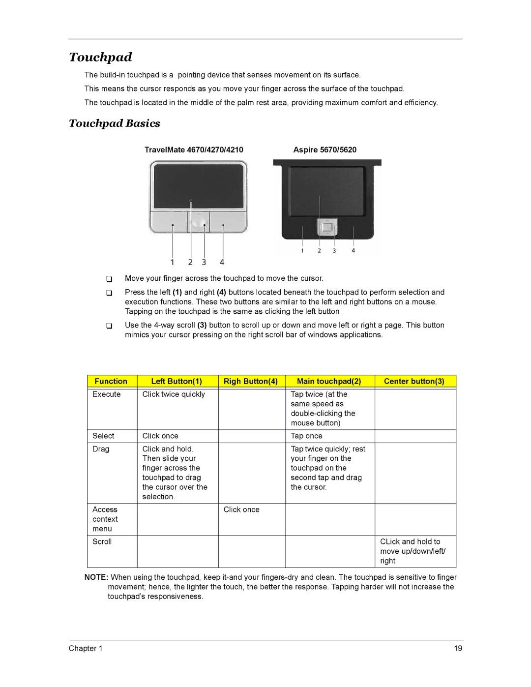 Acer 4670, 4270, 5670 manual Touchpad Basics 