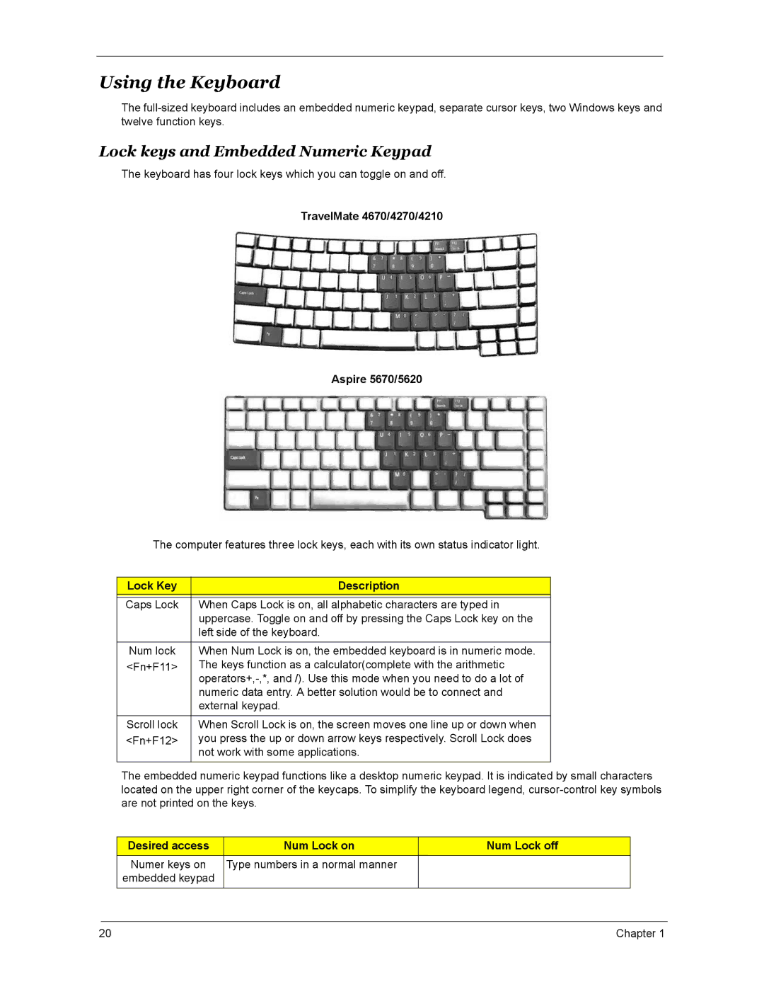 Acer 4270, 5670, 4670 manual Using the Keyboard, Lock keys and Embedded Numeric Keypad 
