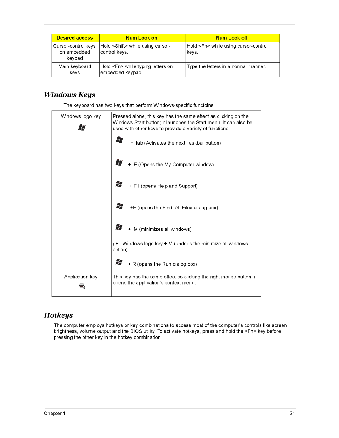 Acer 5670, 4270, 4670 manual Windows Keys, Hotkeys 