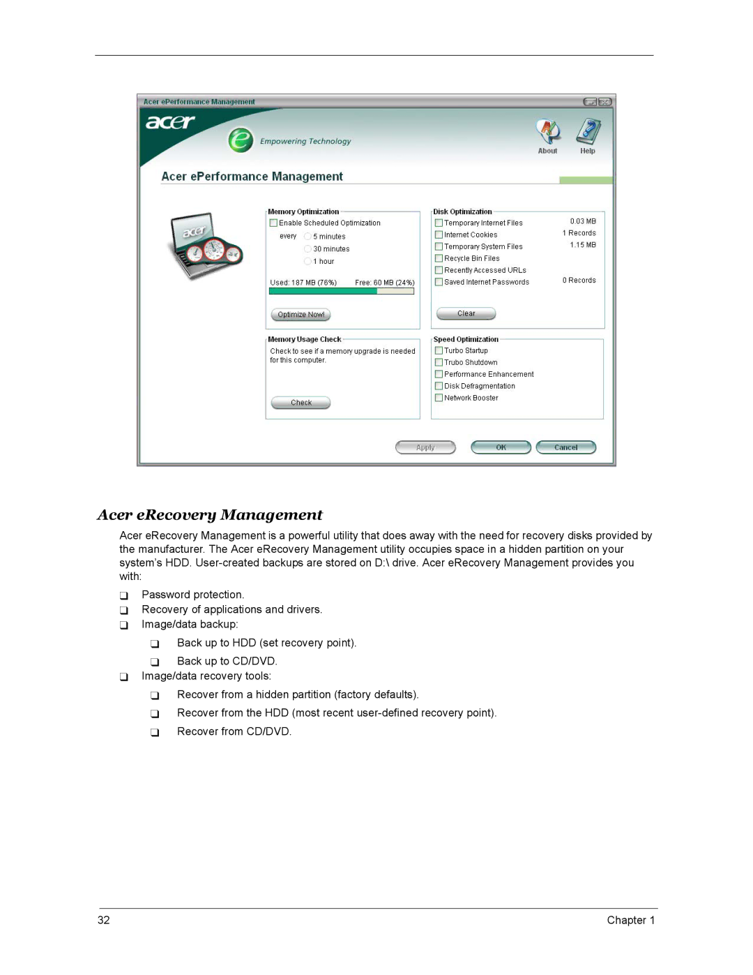 Acer 4270, 5670, 4670 manual Acer eRecovery Management 