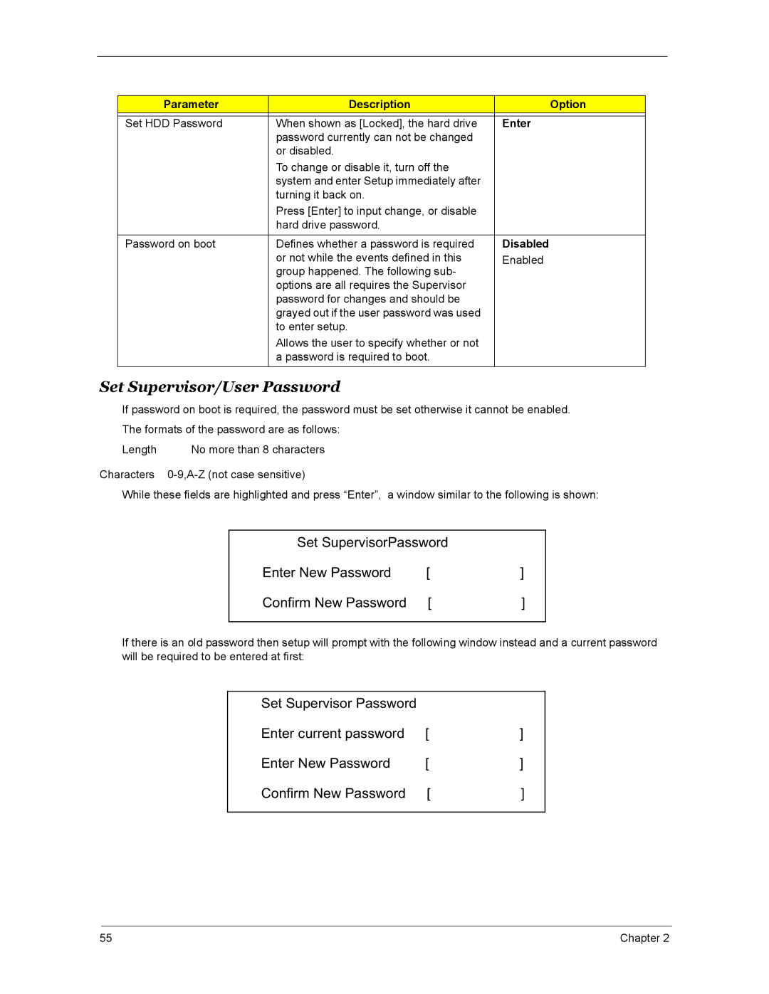 Acer 4670, 4270, 5670 manual Set Supervisor/User Password, Enter, Disabled 