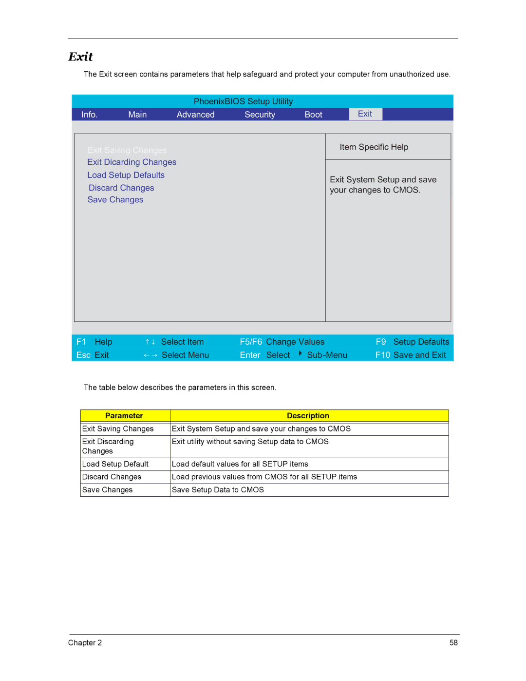 Acer 4670, 4270, 5670 manual Exit, Info Main Advanced Security Boot 